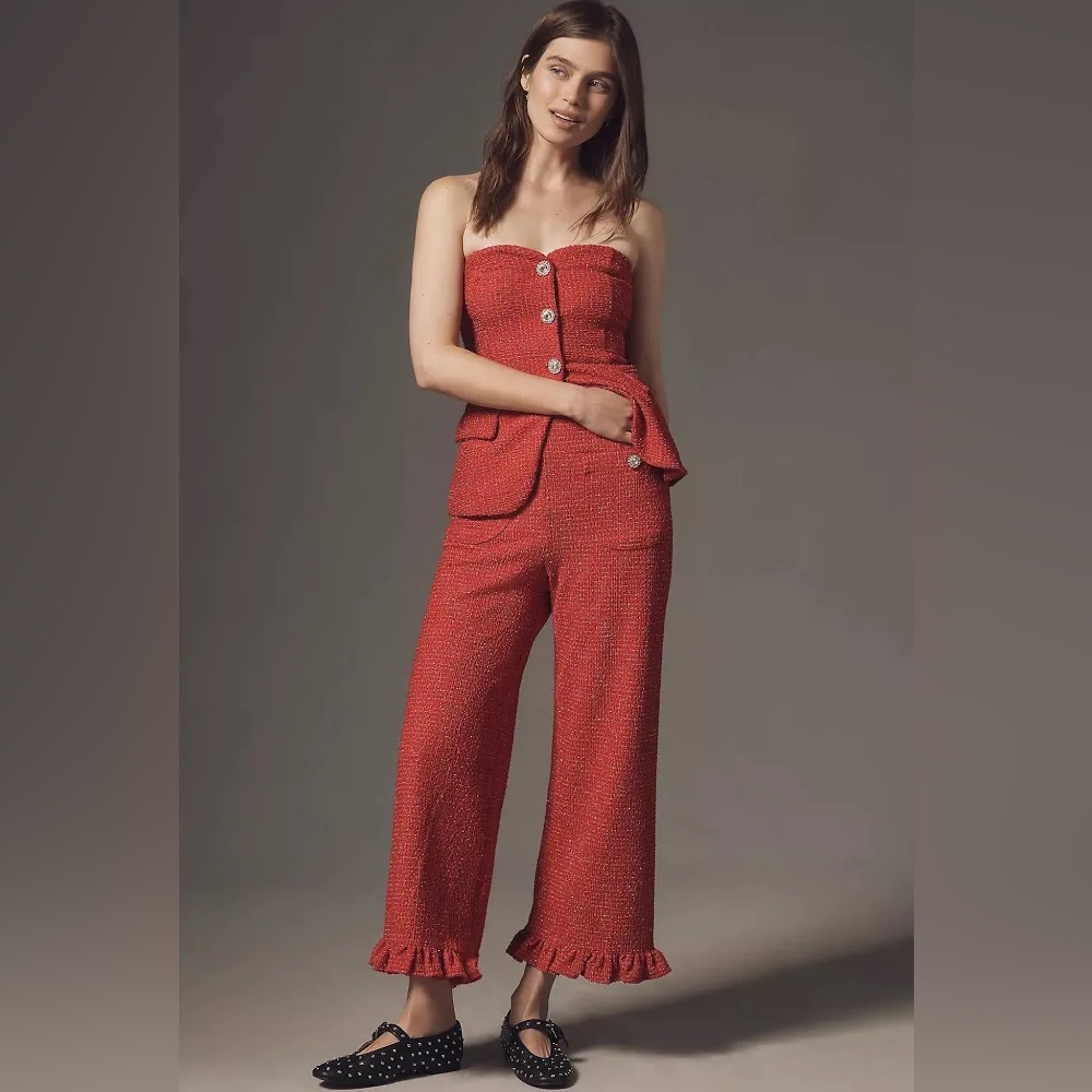 NWT! Anthro Maeve Colette Ruffle-Hem High-Rise Wide-Leg Full-Length Pants - 28 🏓